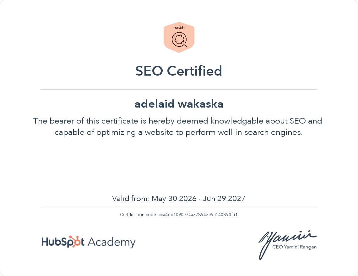 HubSpot Academy SEO Certified - Adelaid Wakaska